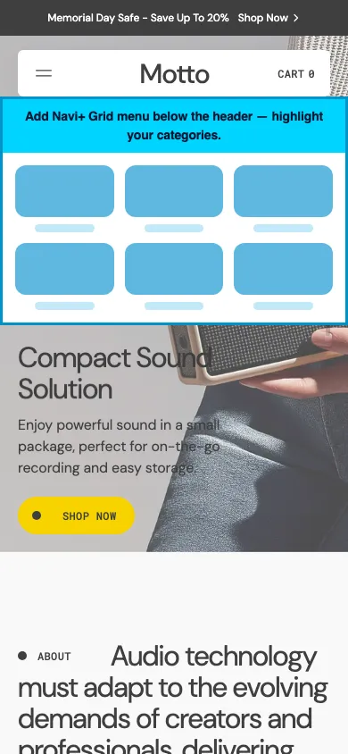 Navi+ Grid Menu on the Motto Shopify theme Navi+ Grid Menu on the Motto Shopify theme