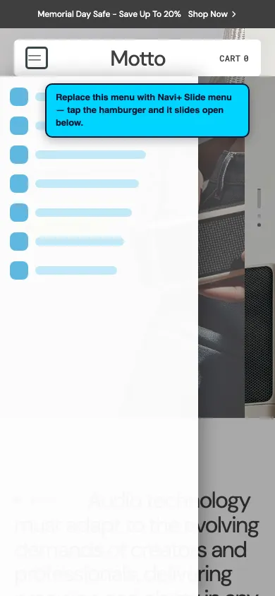 Navi+ Slide Menu on the Motto Shopify theme Navi+ Slide Menu on the Motto Shopify theme