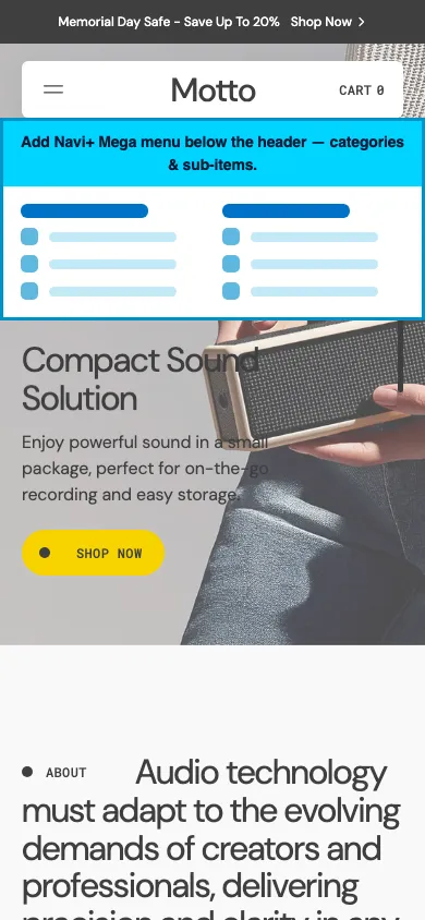 Navi+ mobile Mega Menu on the Motto Shopify theme Navi+ mobile Mega Menu on the Motto Shopify theme