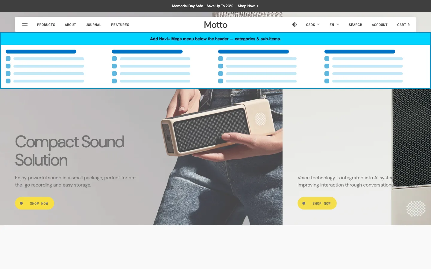 Navi+ Mega Menu inserted below the header on the Motto Shopify theme Navi+ Mega Menu inserted below the header on the Motto Shopify theme