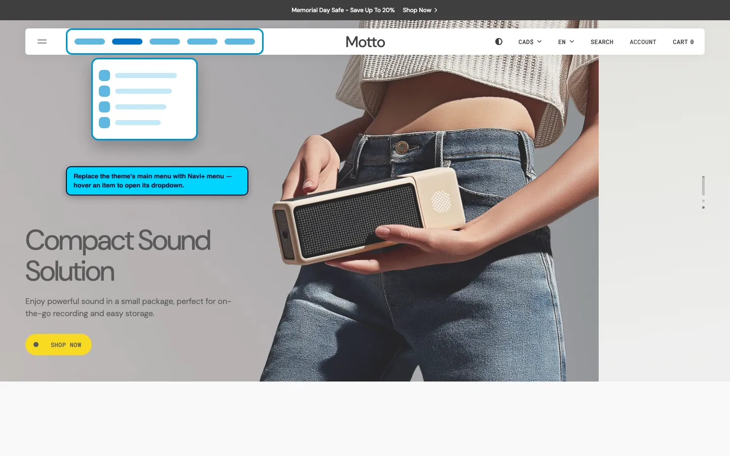 Navi+ Mega Menu replacing the desktop menu on the Motto Shopify theme