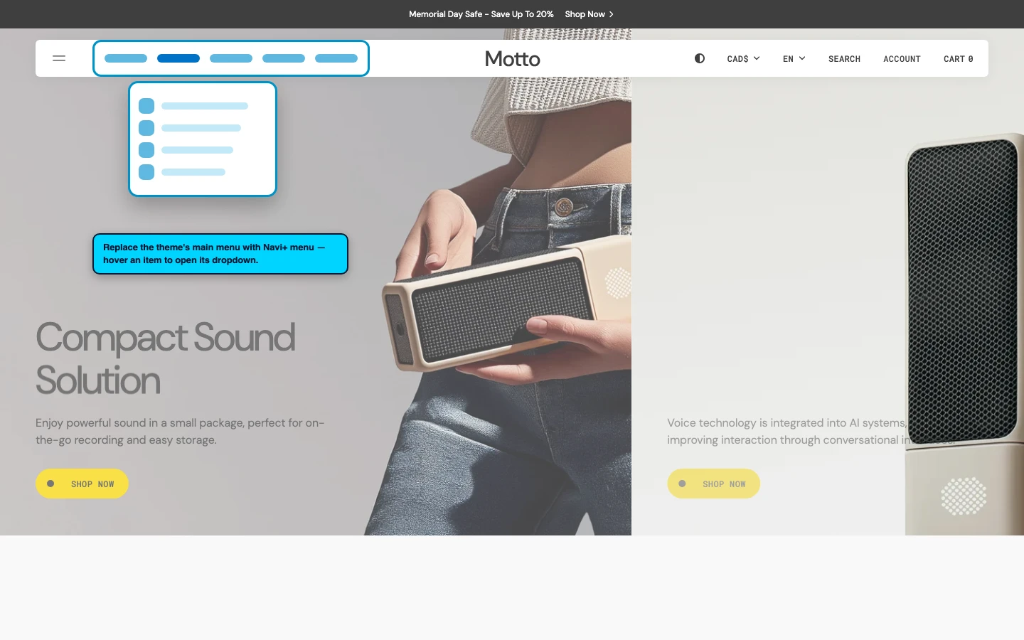 Navi+ Mega Menu replacing the desktop menu on the Motto Shopify theme Navi+ Mega Menu replacing the desktop menu on the Motto Shopify theme