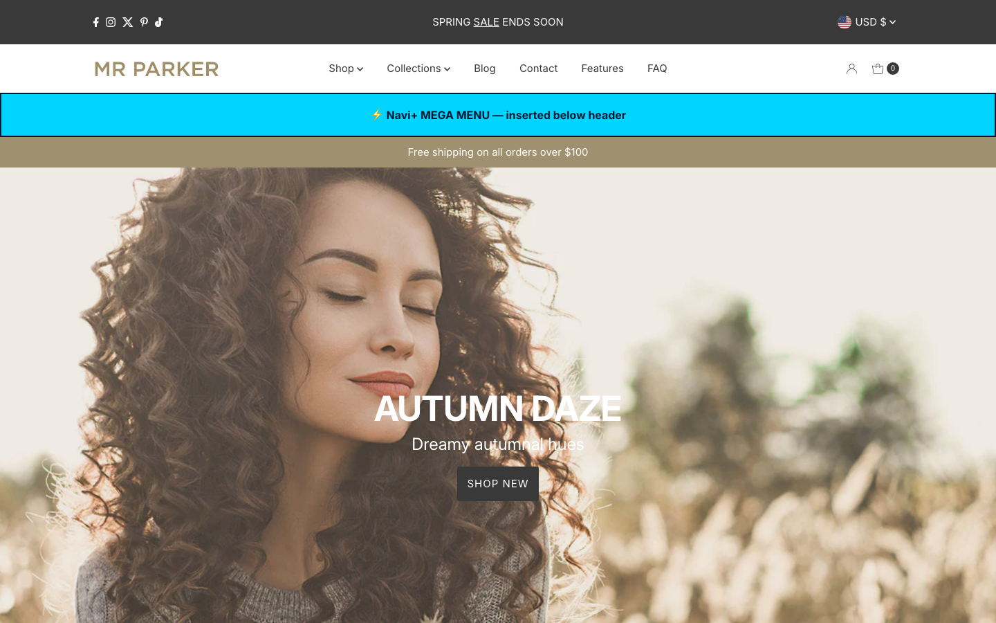 Menu inserted below header — Navi+ on the Mr Parker Shopify theme Menu inserted below header — Navi+ on the Mr Parker Shopify theme