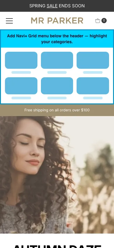 Navi+ Grid Menu on the Mr Parker Shopify theme Navi+ Grid Menu on the Mr Parker Shopify theme