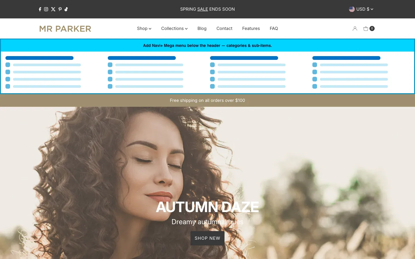 Navi+ Mega Menu inserted below the header on the Mr Parker Shopify theme Navi+ Mega Menu inserted below the header on the Mr Parker Shopify theme