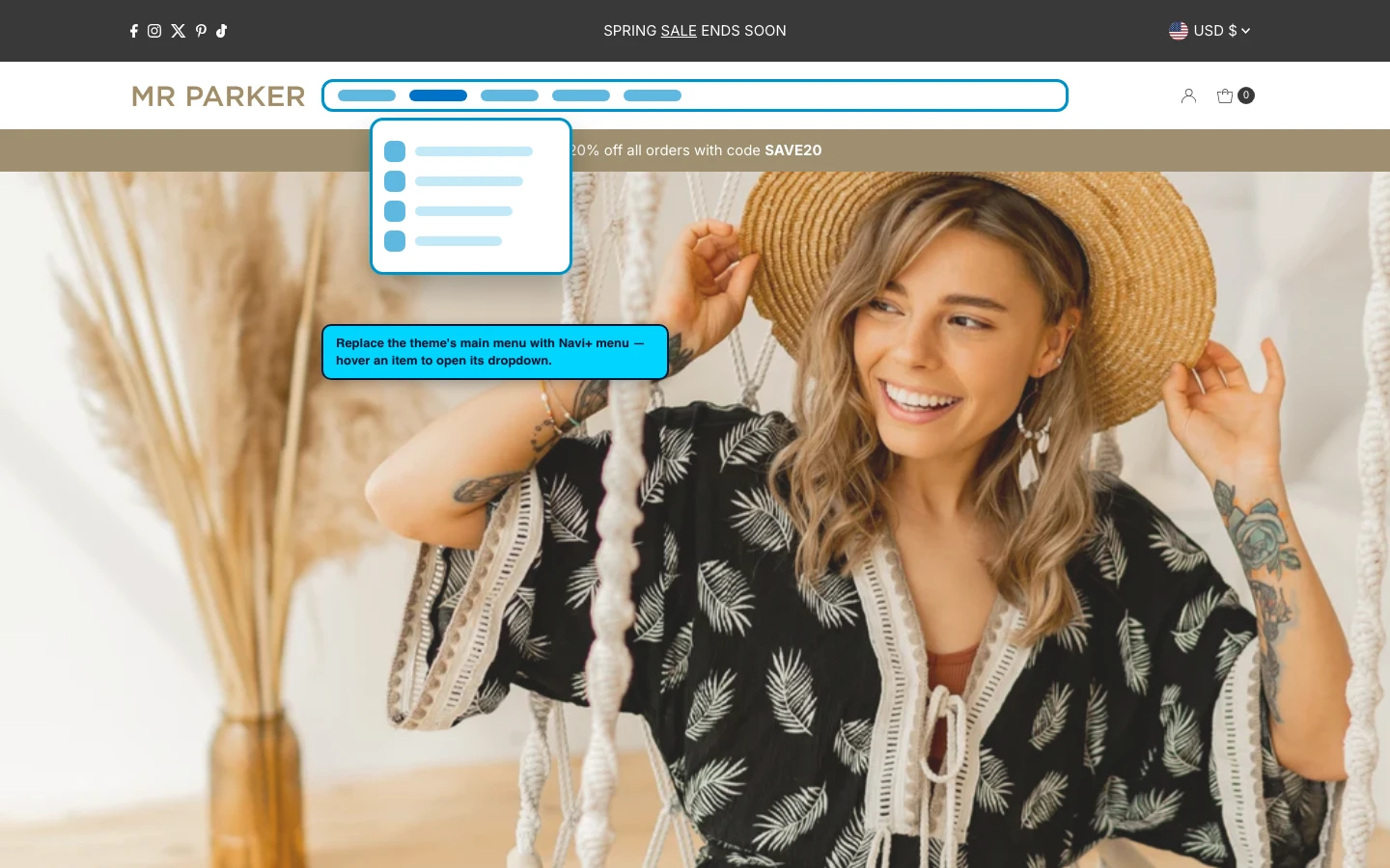 Navi+ Mega Menu replacing the desktop menu on the Mr Parker Shopify theme Navi+ Mega Menu replacing the desktop menu on the Mr Parker Shopify theme