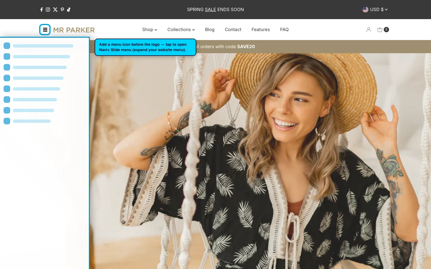 Navi+ trigger icon before the logo on the Mr Parker Shopify theme Navi+ trigger icon before the logo on the Mr Parker Shopify theme