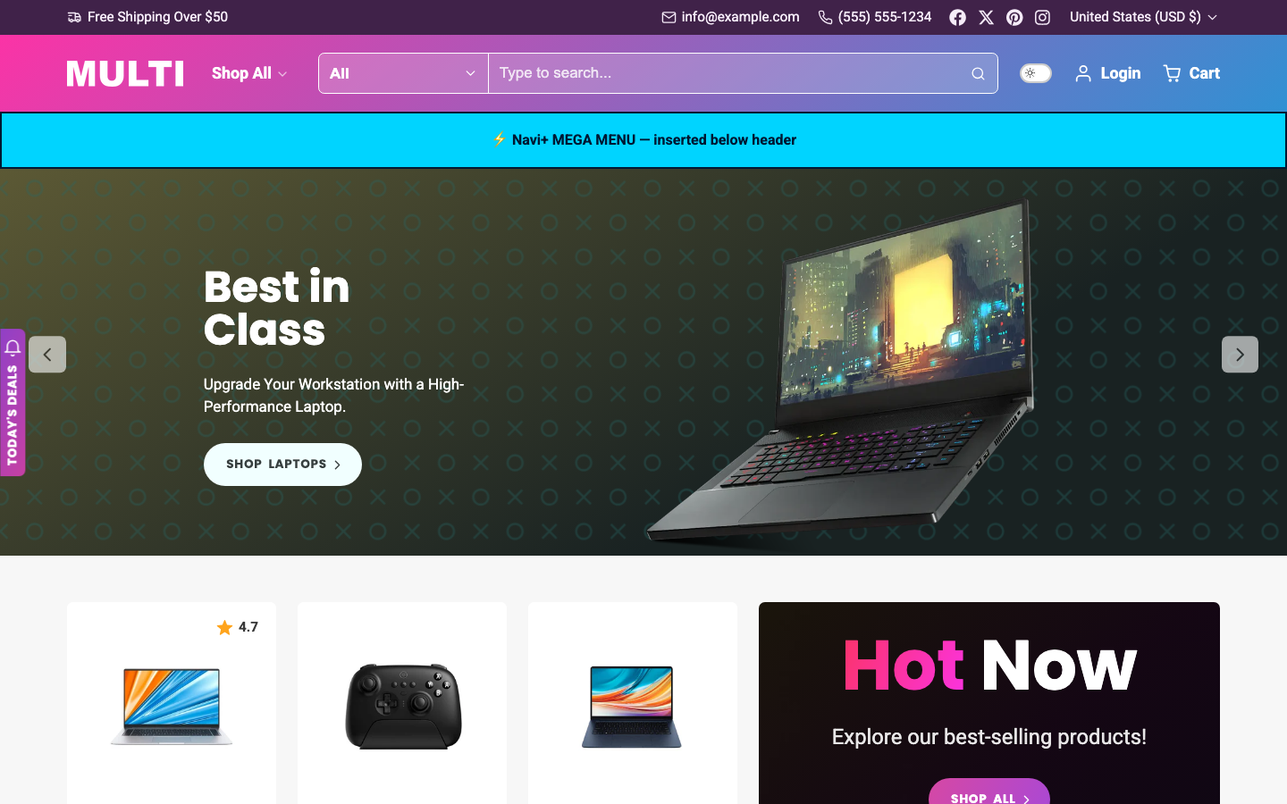 Menu inserted below header — Navi+ on the Multi Shopify theme Menu inserted below header — Navi+ on the Multi Shopify theme
