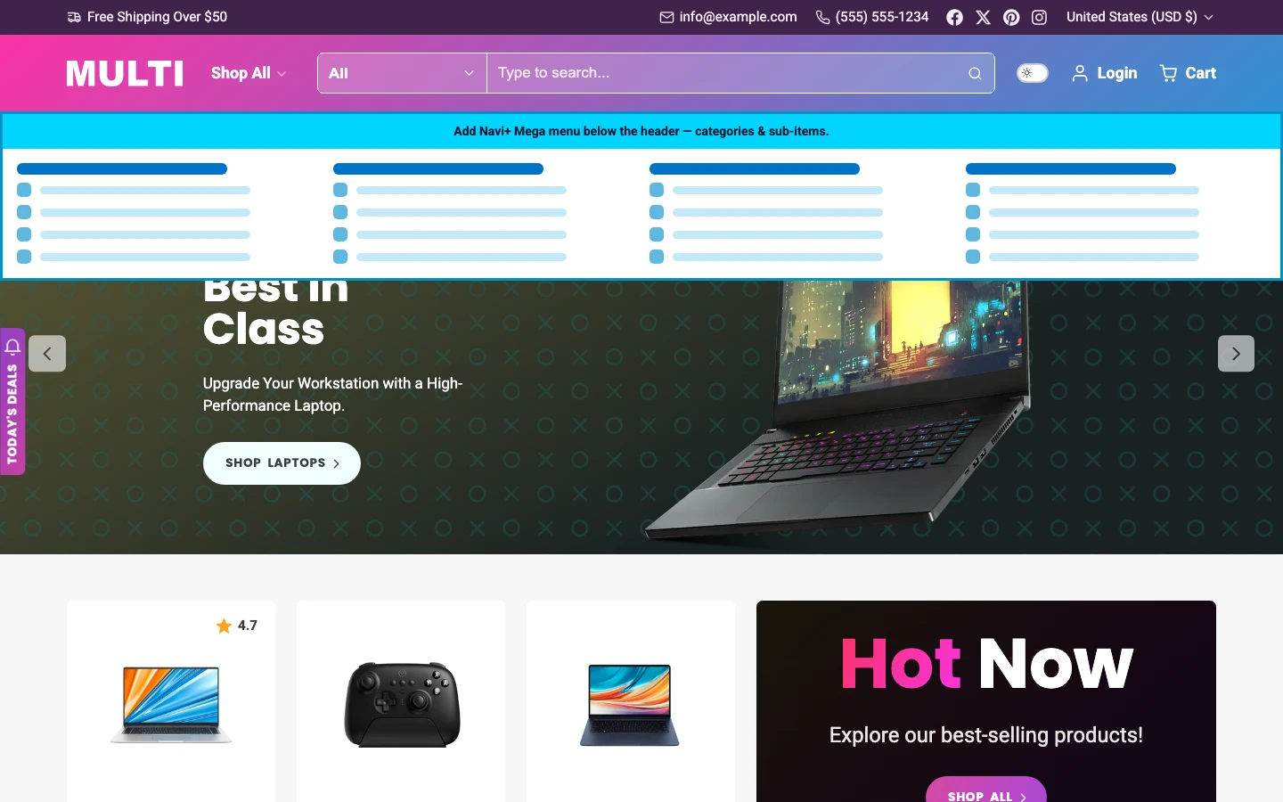 Navi+ Mega Menu inserted below the header on the Multi Shopify theme Navi+ Mega Menu inserted below the header on the Multi Shopify theme