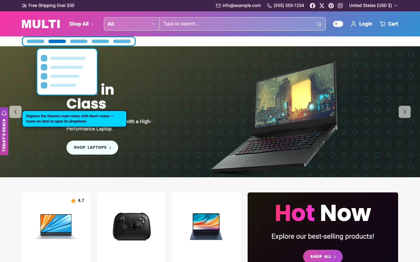 Navi+ Mega Menu replacing the desktop menu on the Multi Shopify theme Navi+ Mega Menu replacing the desktop menu on the Multi Shopify theme
