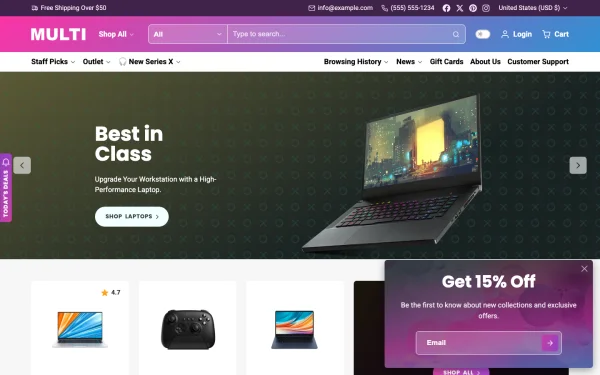 Full-page desktop screenshot of Shopify Multi theme demo store