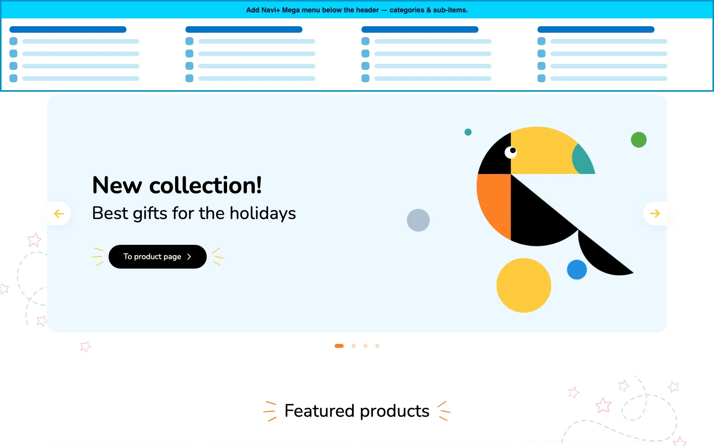 Navi+ Mega Menu inserted below the header on the Murmel Shopify theme Navi+ Mega Menu inserted below the header on the Murmel Shopify theme