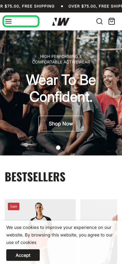 Hamburger → panel opened — Navi+ on the Neat Shopify theme