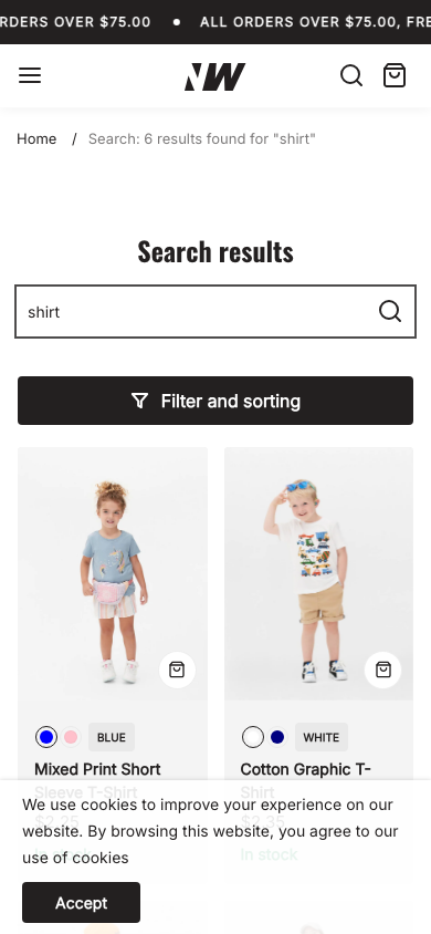 Search → panel opened — Navi+ on the Neat Shopify theme