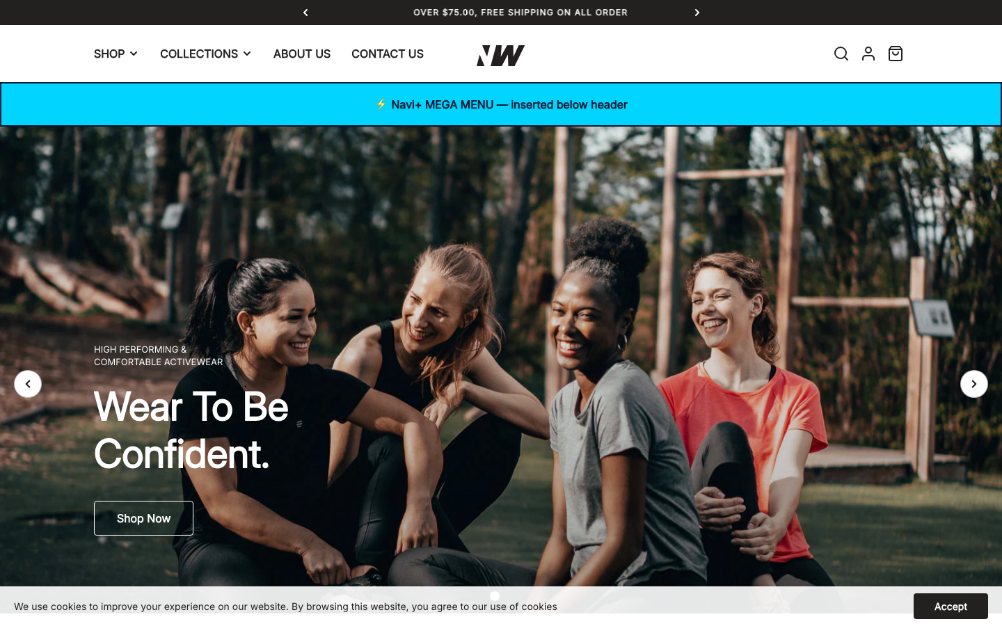 Menu inserted below header — Navi+ on the Neat Shopify theme