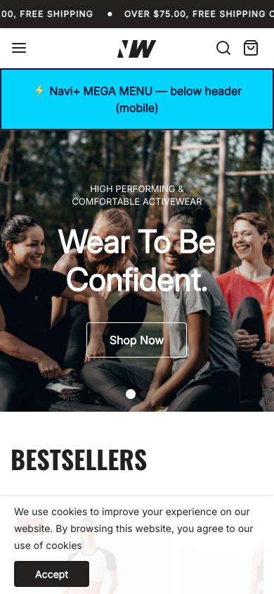 Menu inserted below header — Navi+ on the Neat Shopify theme