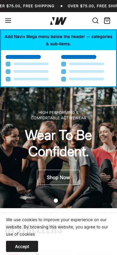 Navi+ mobile Mega Menu on the Neat Shopify theme Navi+ mobile Mega Menu on the Neat Shopify theme