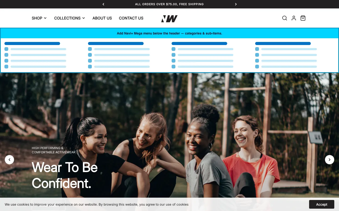 Navi+ Mega Menu inserted below the header on the Neat Shopify theme Navi+ Mega Menu inserted below the header on the Neat Shopify theme