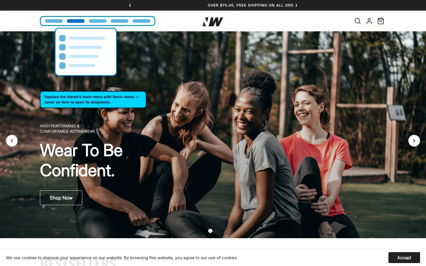 Navi+ Mega Menu replacing the desktop menu on the Neat Shopify theme