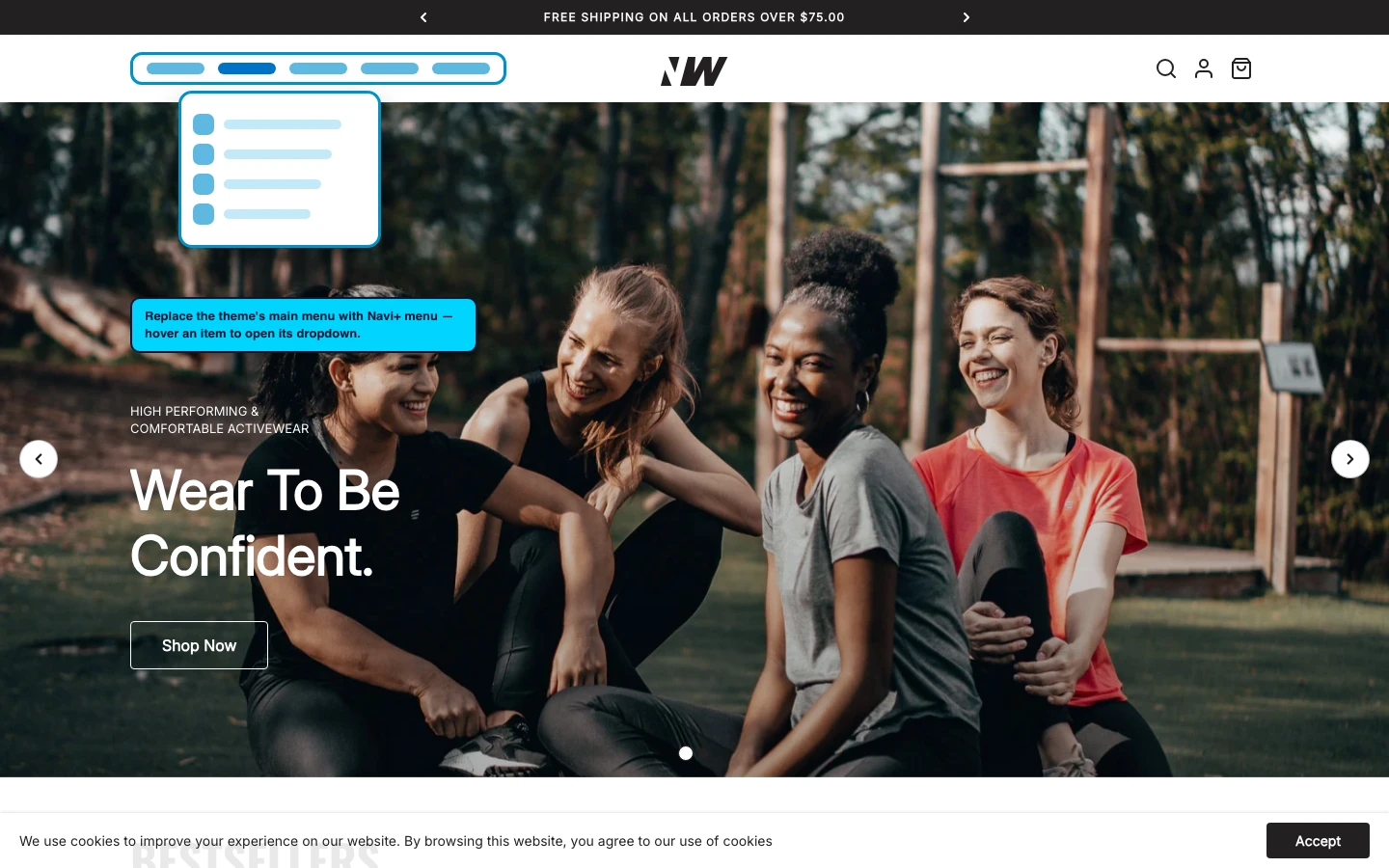 Navi+ Mega Menu replacing the desktop menu on the Neat Shopify theme Navi+ Mega Menu replacing the desktop menu on the Neat Shopify theme