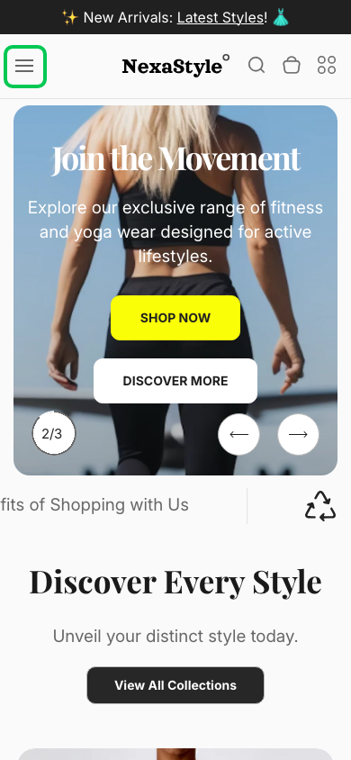 Hamburger → panel opened — Navi+ on the Nexa Shopify theme Hamburger → panel opened — Navi+ on the Nexa Shopify theme