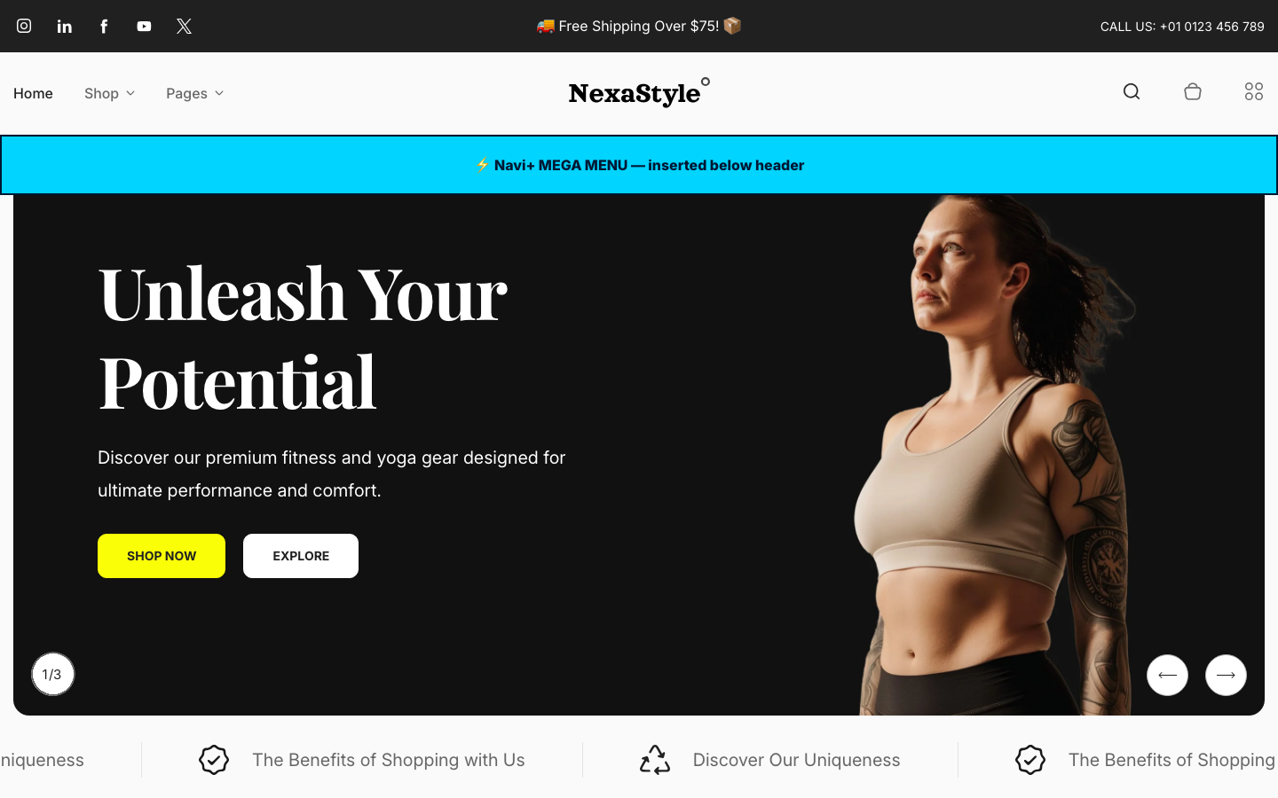 Menu inserted below header — Navi+ on the Nexa Shopify theme Menu inserted below header — Navi+ on the Nexa Shopify theme