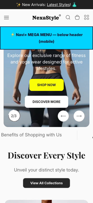 Menu inserted below header — Navi+ on the Nexa Shopify theme Menu inserted below header — Navi+ on the Nexa Shopify theme