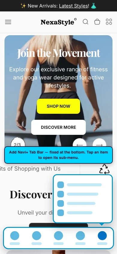Navi+ Tab Bar on the Nexa Shopify theme Navi+ Tab Bar on the Nexa Shopify theme