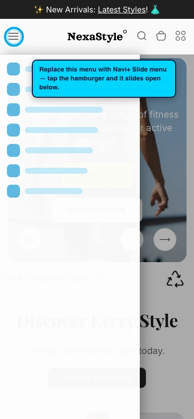 Navi+ Slide Menu on the Nexa Shopify theme Navi+ Slide Menu on the Nexa Shopify theme