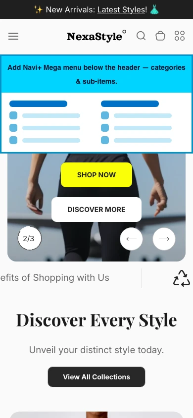 Navi+ mobile Mega Menu on the Nexa Shopify theme Navi+ mobile Mega Menu on the Nexa Shopify theme
