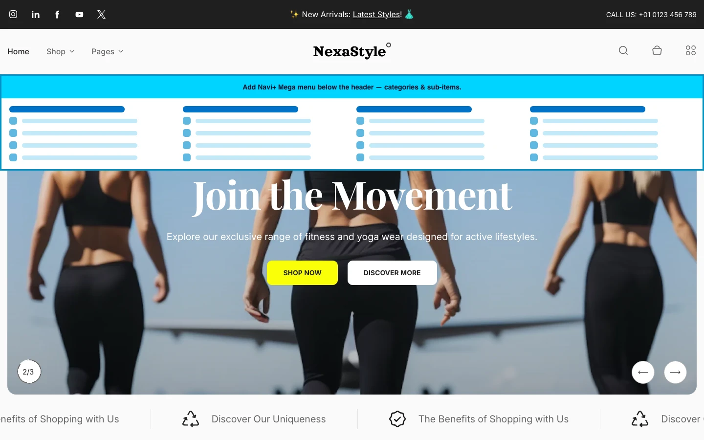 Navi+ Mega Menu inserted below the header on the Nexa Shopify theme Navi+ Mega Menu inserted below the header on the Nexa Shopify theme