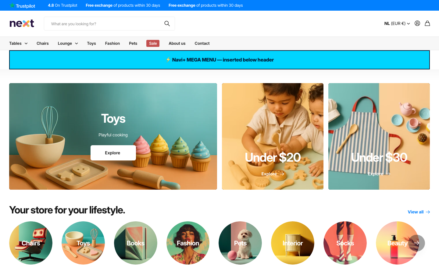 Menu inserted below header — Navi+ on the Next Shopify theme Menu inserted below header — Navi+ on the Next Shopify theme