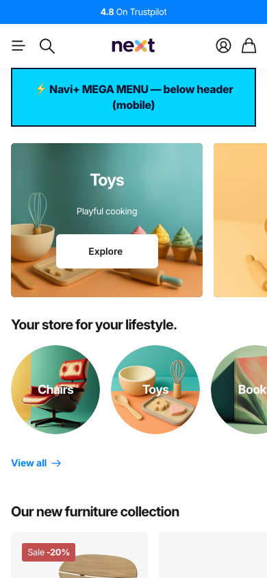Menu inserted below header — Navi+ on the Next Shopify theme Menu inserted below header — Navi+ on the Next Shopify theme