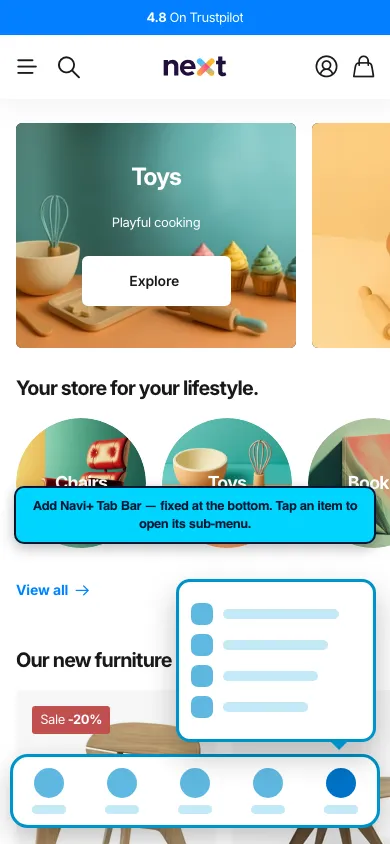 Navi+ Tab Bar on the Next Shopify theme Navi+ Tab Bar on the Next Shopify theme
