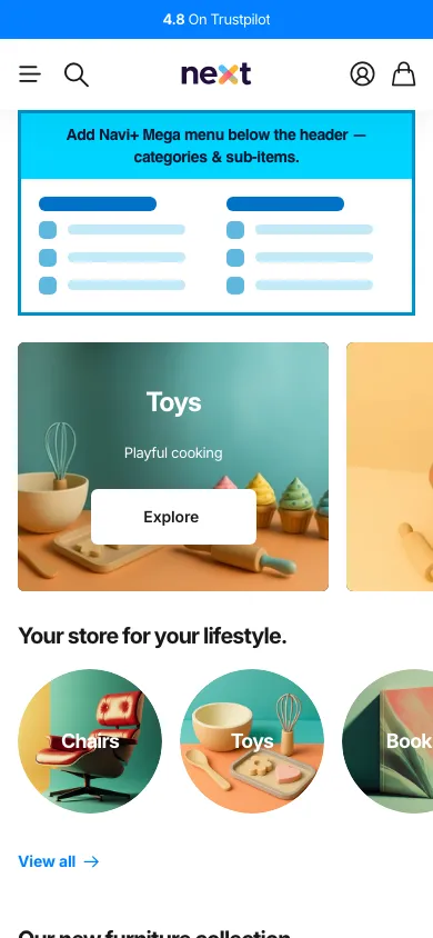 Navi+ mobile Mega Menu on the Next Shopify theme Navi+ mobile Mega Menu on the Next Shopify theme