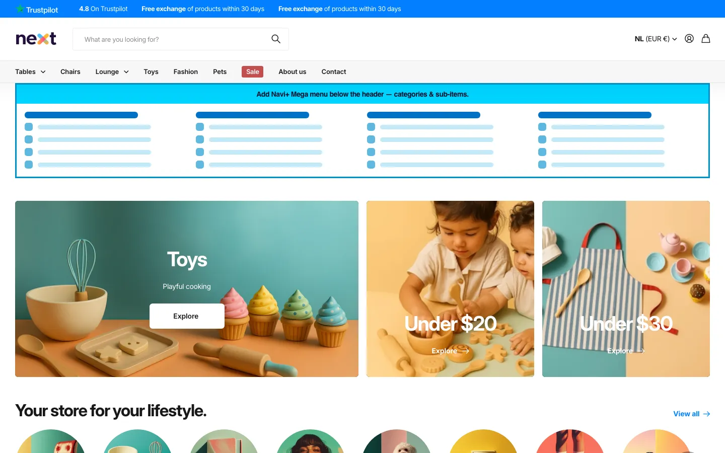 Navi+ Mega Menu inserted below the header on the Next Shopify theme Navi+ Mega Menu inserted below the header on the Next Shopify theme