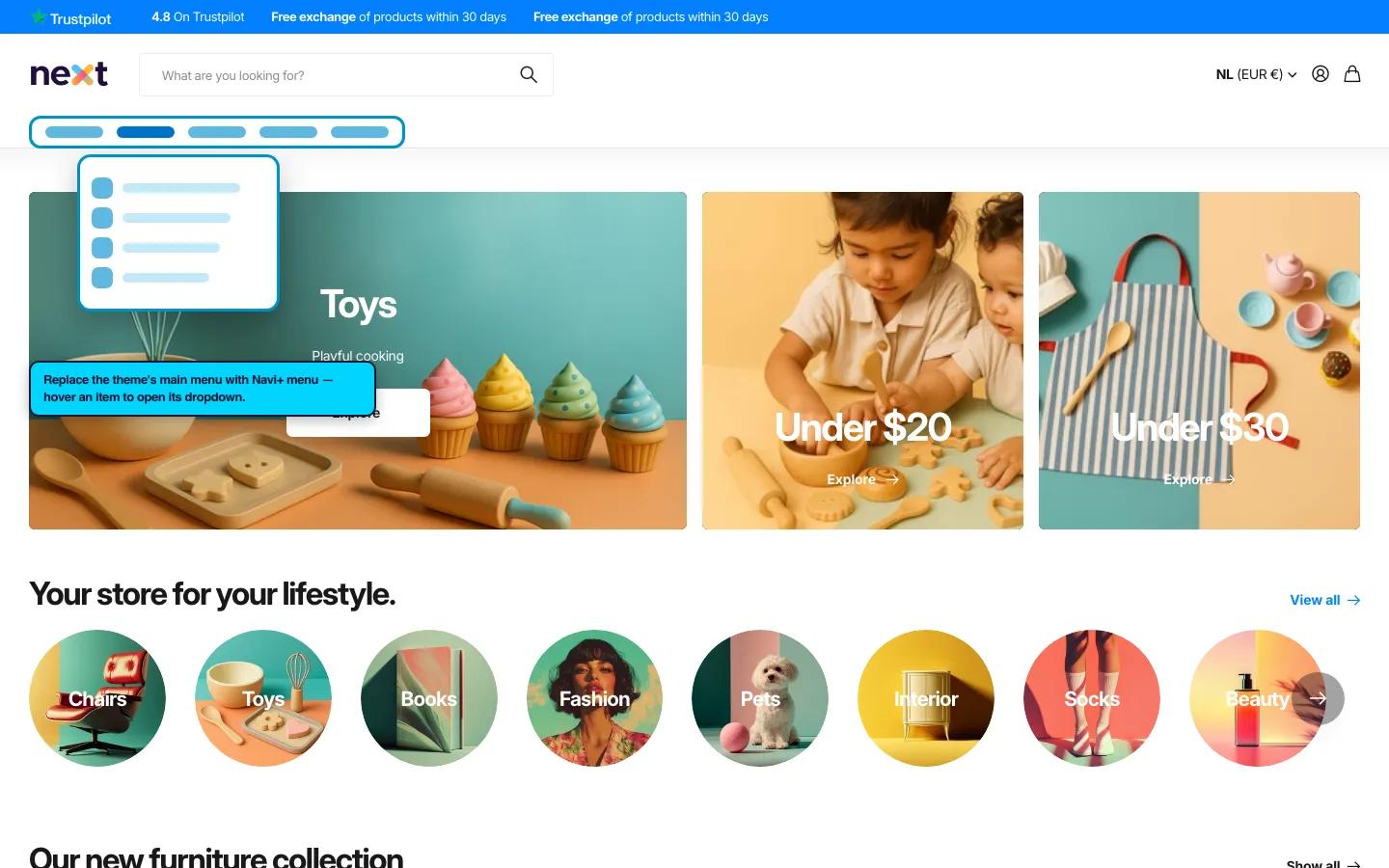 Navi+ Mega Menu replacing the desktop menu on the Next Shopify theme Navi+ Mega Menu replacing the desktop menu on the Next Shopify theme