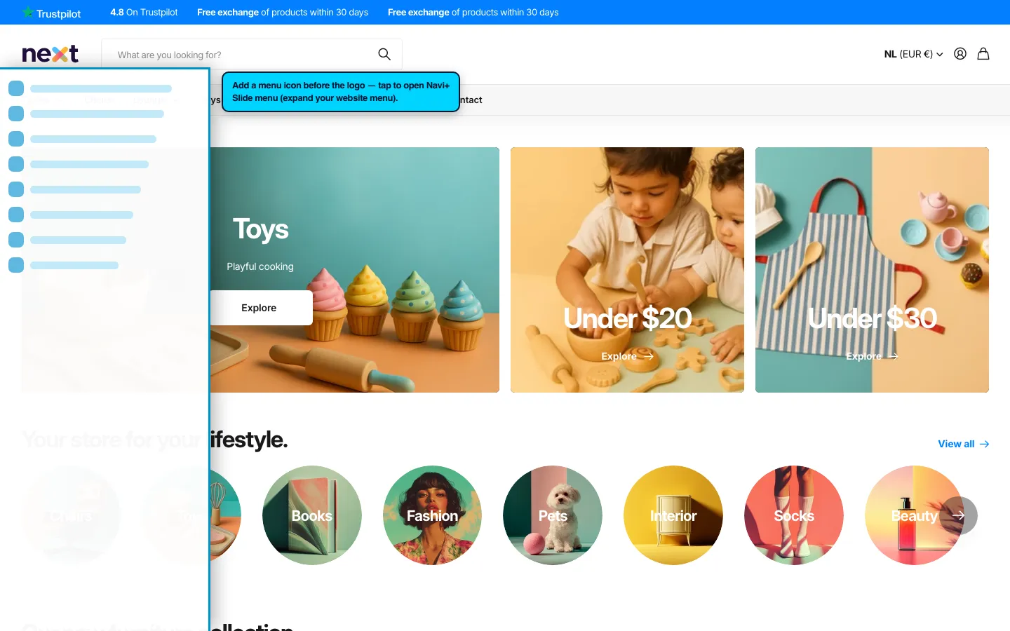 Navi+ trigger icon before the logo on the Next Shopify theme Navi+ trigger icon before the logo on the Next Shopify theme