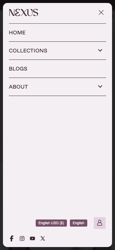 Hamburger → panel opened — Navi+ on the Nexus Shopify theme Hamburger → panel opened — Navi+ on the Nexus Shopify theme
