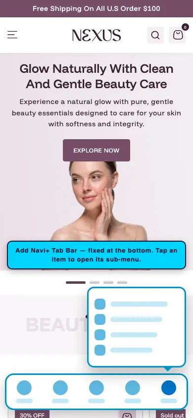 Navi+ Tab Bar on the Nexus Shopify theme Navi+ Tab Bar on the Nexus Shopify theme