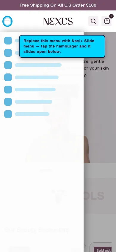 Navi+ Slide Menu on the Nexus Shopify theme Navi+ Slide Menu on the Nexus Shopify theme