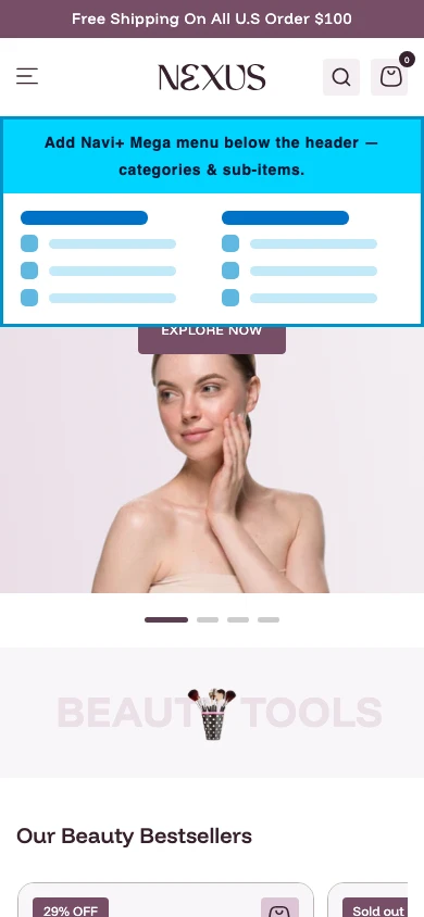 Navi+ mobile Mega Menu on the Nexus Shopify theme Navi+ mobile Mega Menu on the Nexus Shopify theme