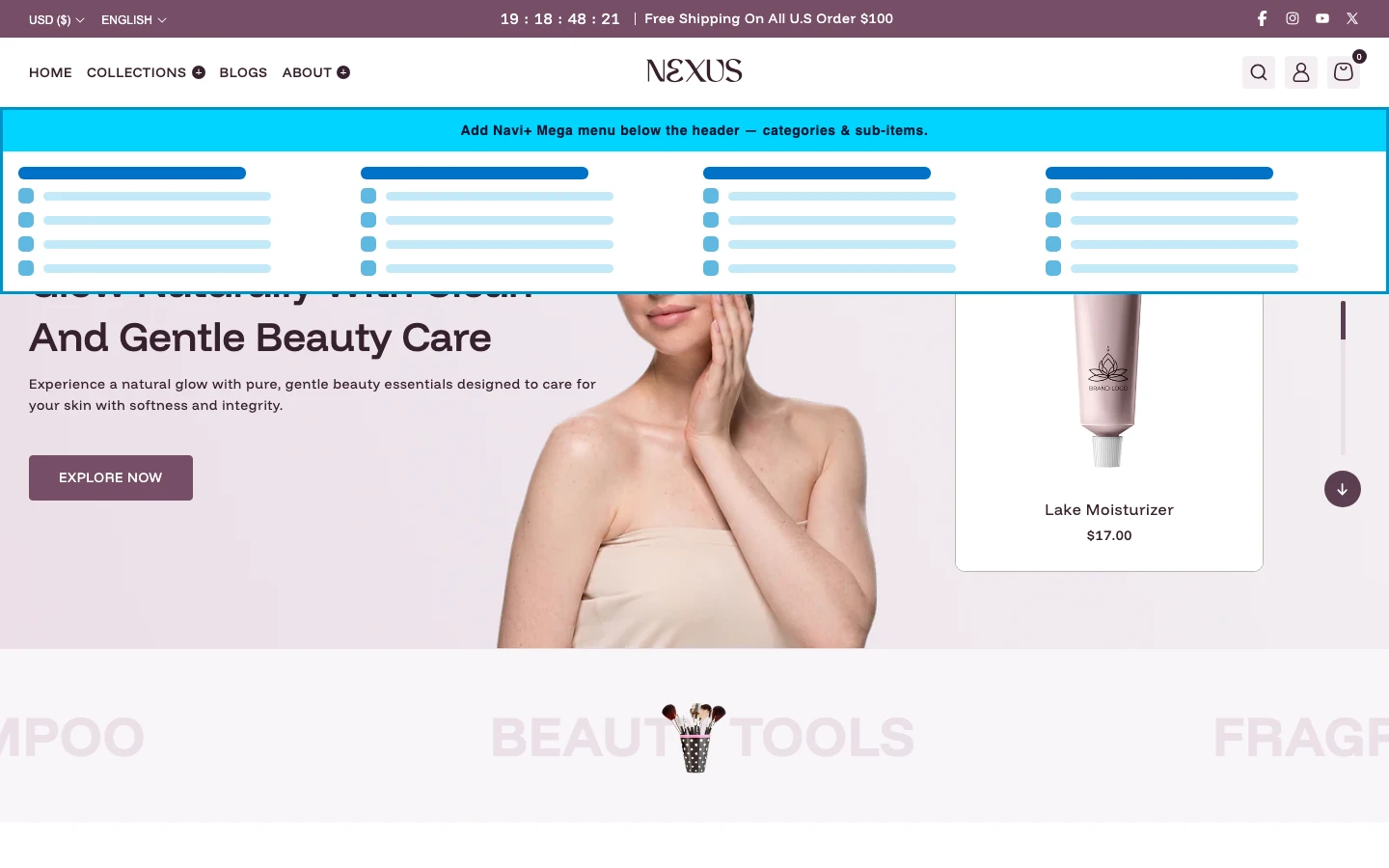 Navi+ Mega Menu inserted below the header on the Nexus Shopify theme Navi+ Mega Menu inserted below the header on the Nexus Shopify theme