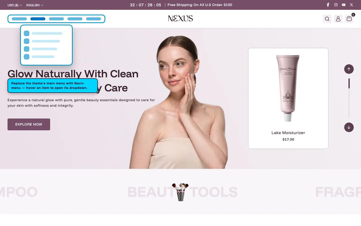 Navi+ Mega Menu replacing the desktop menu on the Nexus Shopify theme Navi+ Mega Menu replacing the desktop menu on the Nexus Shopify theme