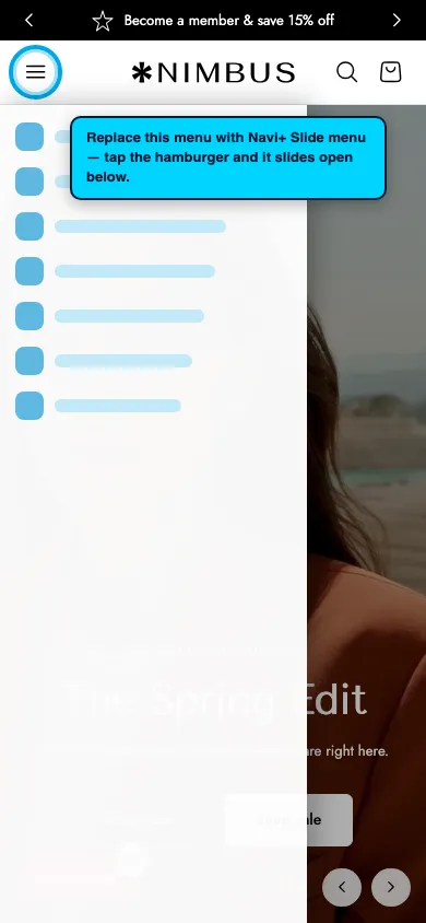 Navi+ Slide Menu on the Nimbus Shopify theme