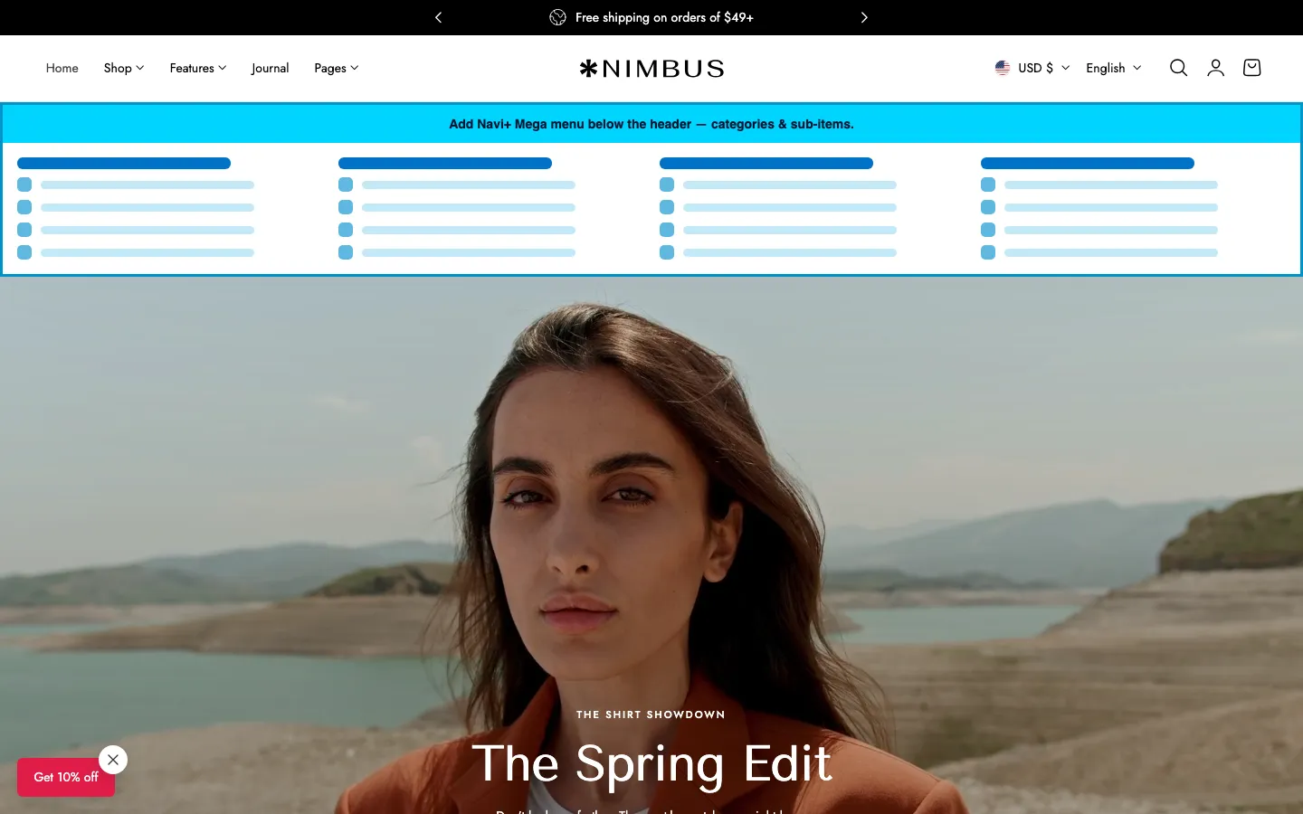 Navi+ Mega Menu inserted below the header on the Nimbus Shopify theme