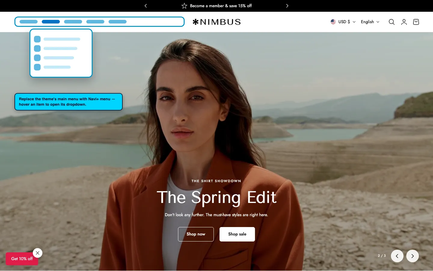 Navi+ Mega Menu replacing the desktop menu on the Nimbus Shopify theme