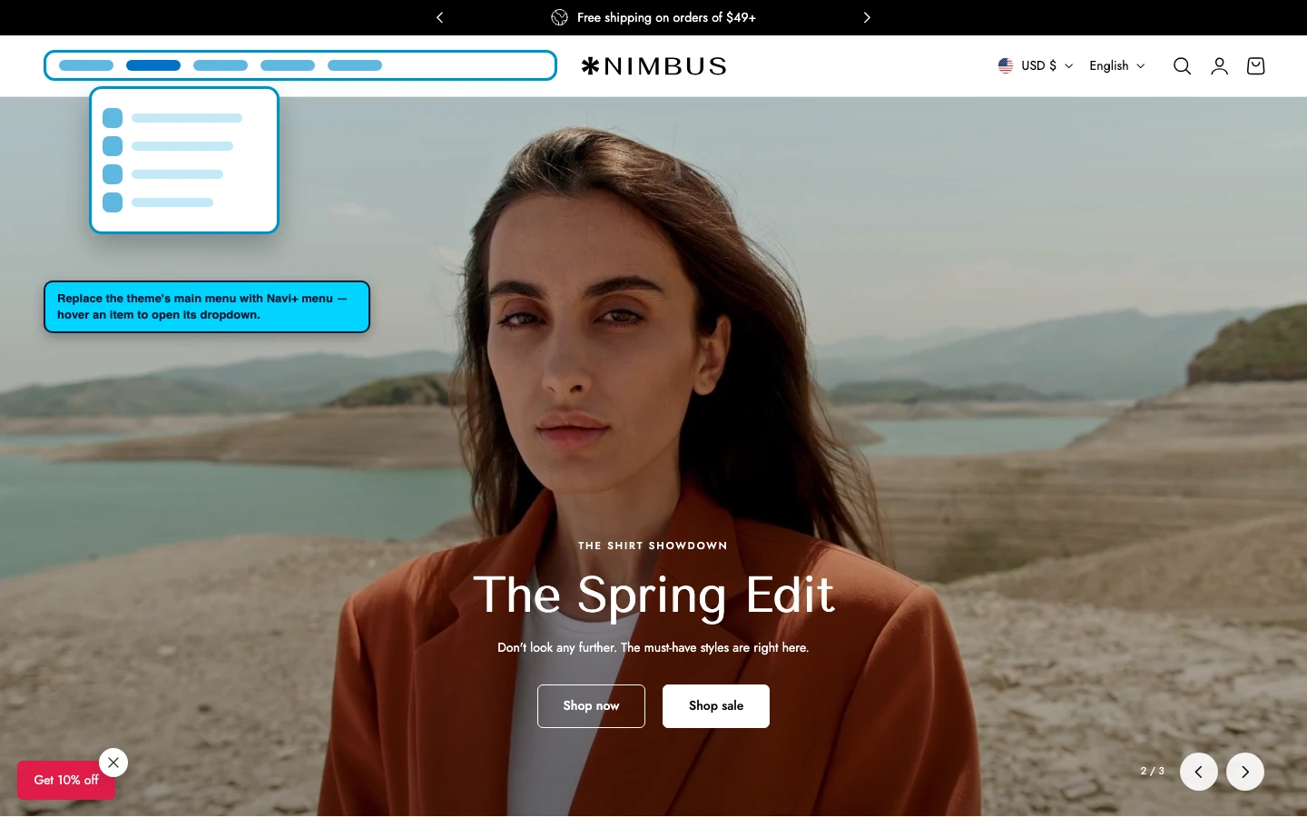 Navi+ Mega Menu replacing the desktop menu on the Nimbus Shopify theme Navi+ Mega Menu replacing the desktop menu on the Nimbus Shopify theme
