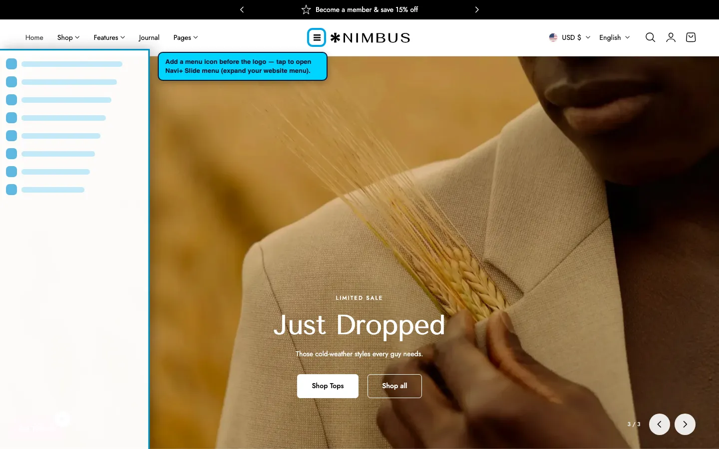 Navi+ trigger icon before the logo on the Nimbus Shopify theme