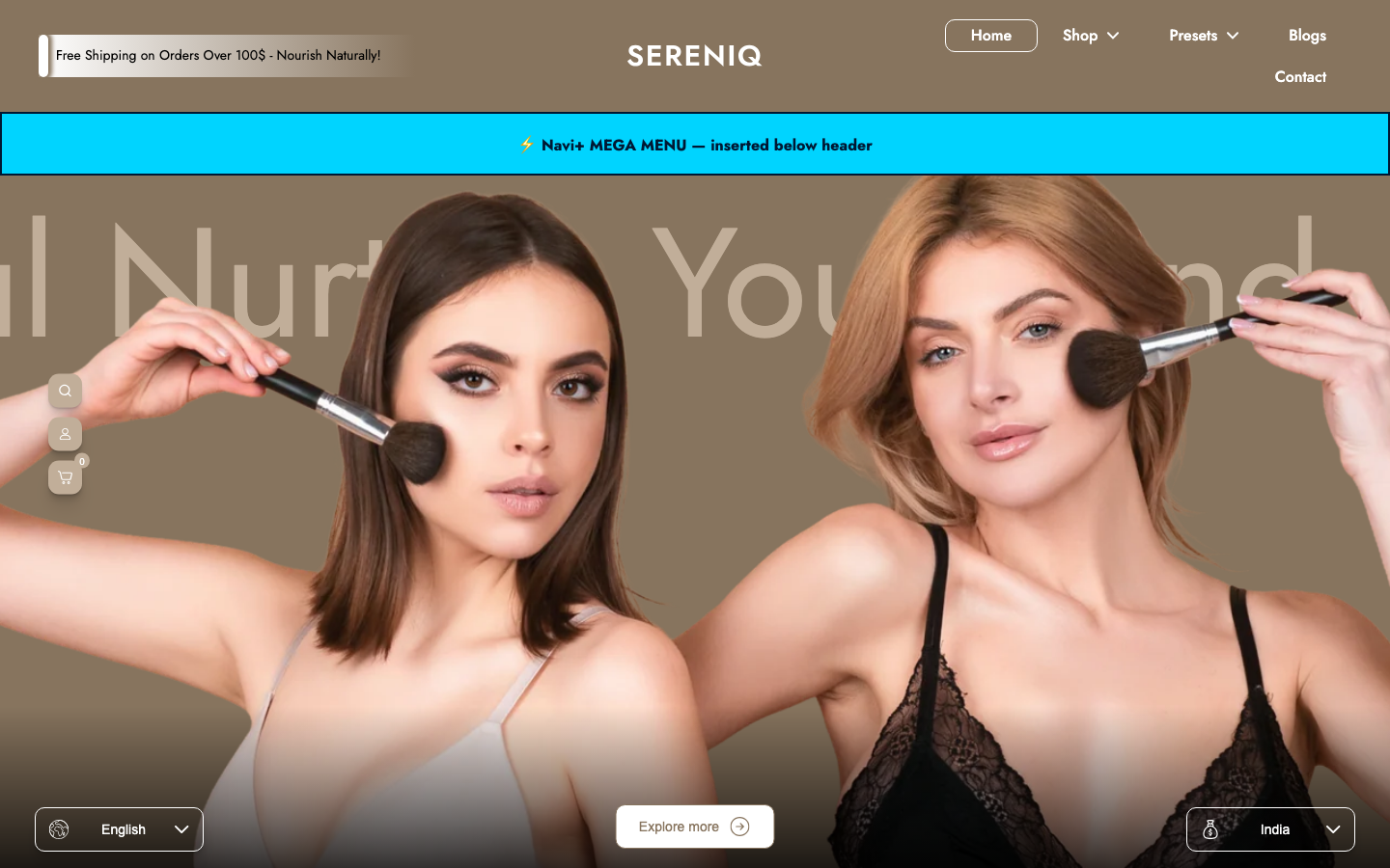 Menu inserted below header — Navi+ on the Noble Shopify theme Menu inserted below header — Navi+ on the Noble Shopify theme